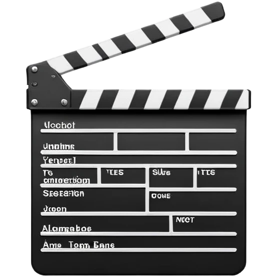 Simple black and white clapperboard with minimal stripes at the top, slightly open position, iOS emoji style emoji