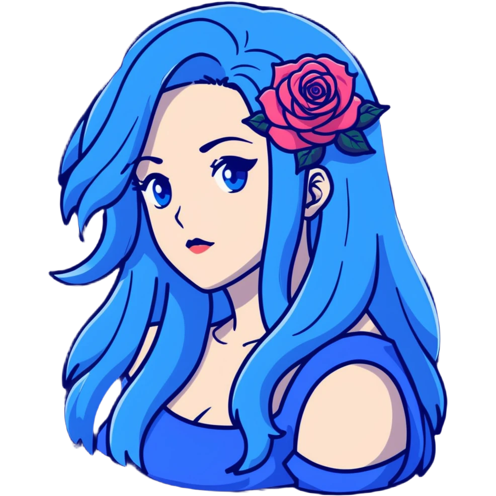 head portrait of anime girl with long dark blue hair, blue rose in hair, blue eyes, JoJo's Bizarre Adventure art style, dramatic look, head only emoji