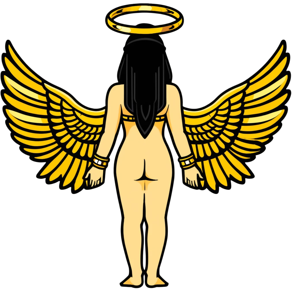 fullbody back view of Anunnaki goddess Inanna with majestic glowing wings, nude back, ancient Mesopotamian star and gate symbols, elaborate gold bracelets and anklets emoji