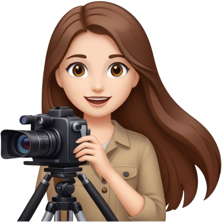 Schönes geschminktes Mädchen mit langen braunen Haaren das eine Kamera bedient und richtig glücklich ist emoji