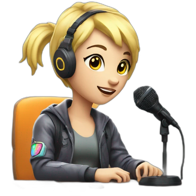 Blonde short hair Gamer with mic on mic arm sitting at desk with neon lights in gaming room emoji