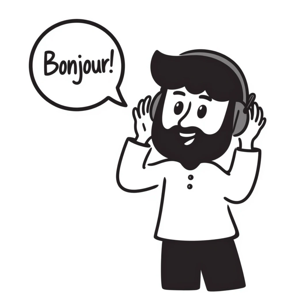 Anime-style character saying "Bonjour!", with black hair, brown eyes, black beard, wearing gaming headphones, Japanese animation style emoji