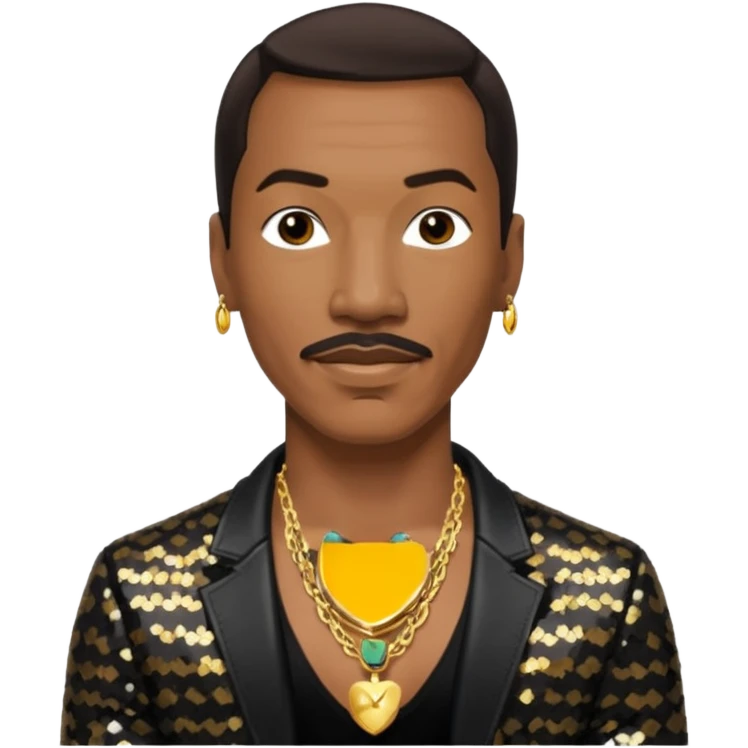 Eddie Murphy with dark brown hair, black sequin jacket, shirtless with necklace emoji