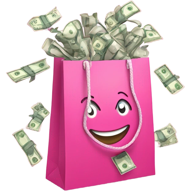 Multiple pink shopping bags with sparkles and money notes around them emoji