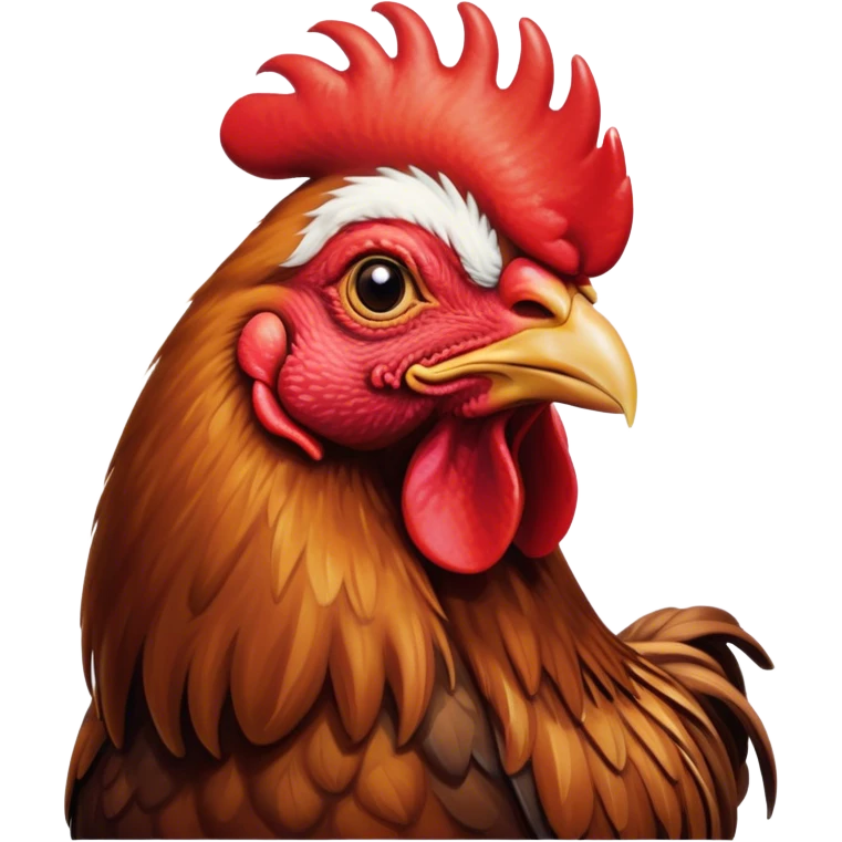 Cinematic Noble Brown Rooster Portrait Emoji, Poised and regal, with a robust, commanding build and a rich, well-groomed brown plumage, deep-set soulful warm eyes, Simplified yet sharp and sophisticated features, highly detailed, glowing with a soft, dignified glow, high shine, intelligent and proud, stylized with an air of rustic majesty, focused and attentive, soft glowing outline, capturing the essence of a watchful and confident leader, so majestic it feels as though it could crow out of the screen with effortless authority! emoji