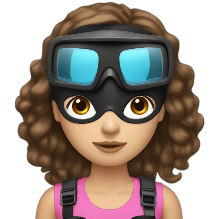 a woman with an a black scubadiver suit. she wear a pink dive mask, she has blue eyes inside the dive mask. brown long and straight hair emoji