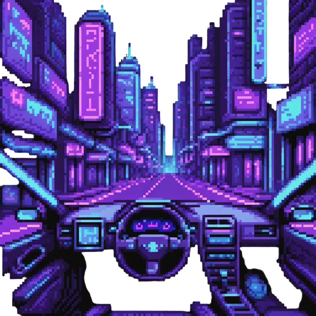car driving through neon city streets at night with purple and blue lighting emoji