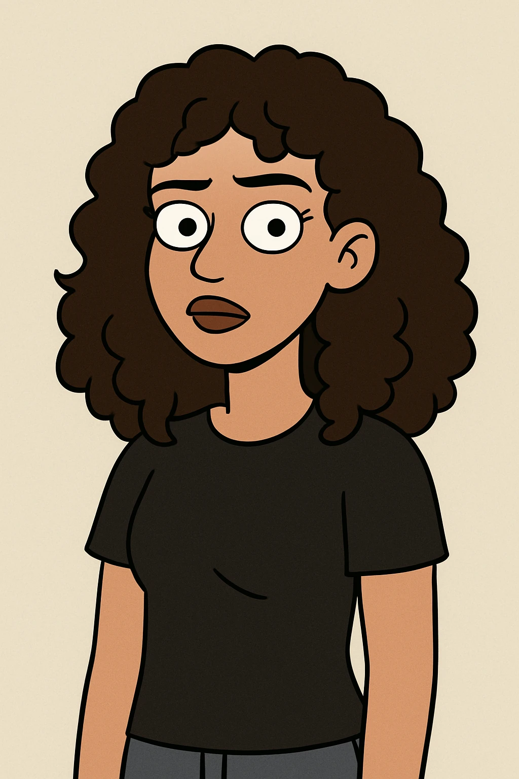 portrait of a girl with 2b dark brown curly hair, brown eyes and lips, light morena skin, wearing a black t-shirt, flat toon style emoji
