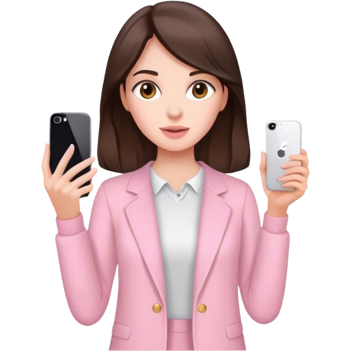 Brunette lady filming herself with an iPhone with light pink clothes  emoji