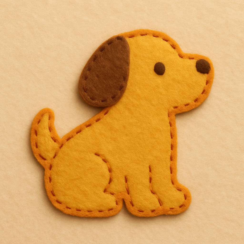 Minimal felt appliqué dog icon, low-detail, smooth rounded edges, moderate contrast orange stitched border, soft matte felt texture, warm brown and yellow palette, small dot eyes, no mouth, flat angle, soft beige background emoji