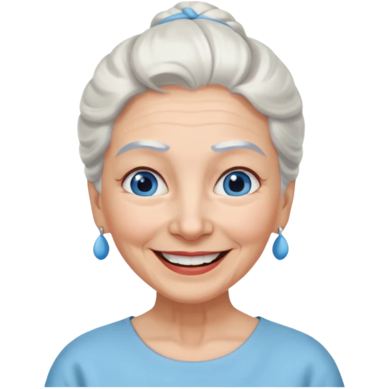 abuela con ojos azules, pelo blanco, pelo blanco y amarrado, aspecto feliz emoji