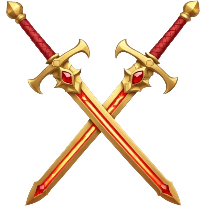 Two crossed swords that are golden in blade and handle and have fiery and royal appearence to them as well as red gem stones emoji