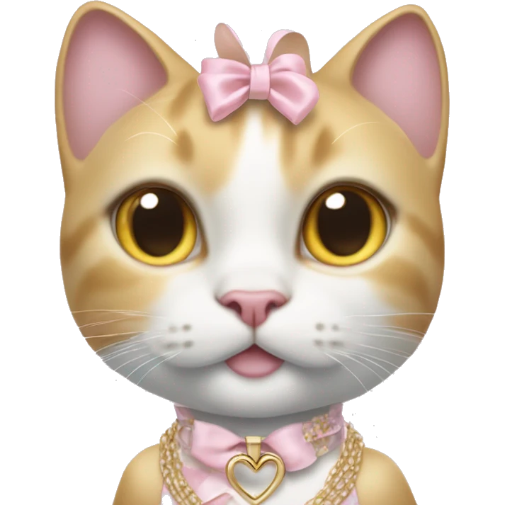 A white yellow jumbo cat wearing a pastel pink dress, a ribbon on its head, white Jordan shoes, Dior-branded gloves, a large gold necklace, and big silver earrings. emoji
