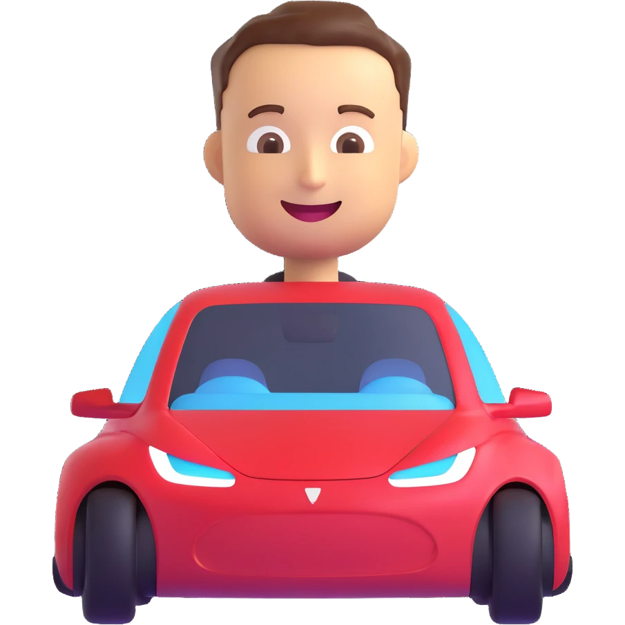 Elon Musk emoji with electric car, happy face emoji
