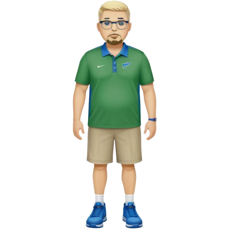 Full Body white male plus size wearing glasses with a goatee with light blonde and gray very short hair mad basketball head Coach in blue and green wearing Nike polo emoji