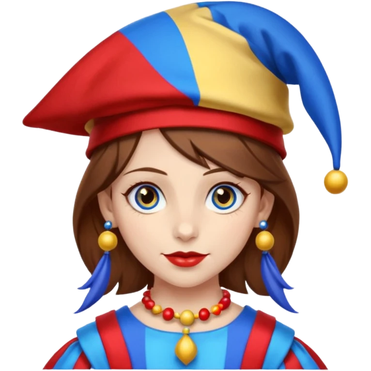 a girl A classic two-armed jester's hat with red and blue stripes, a yellow brim, and small yellow bells on the tips. brown hair blue and red eye's

 emoji