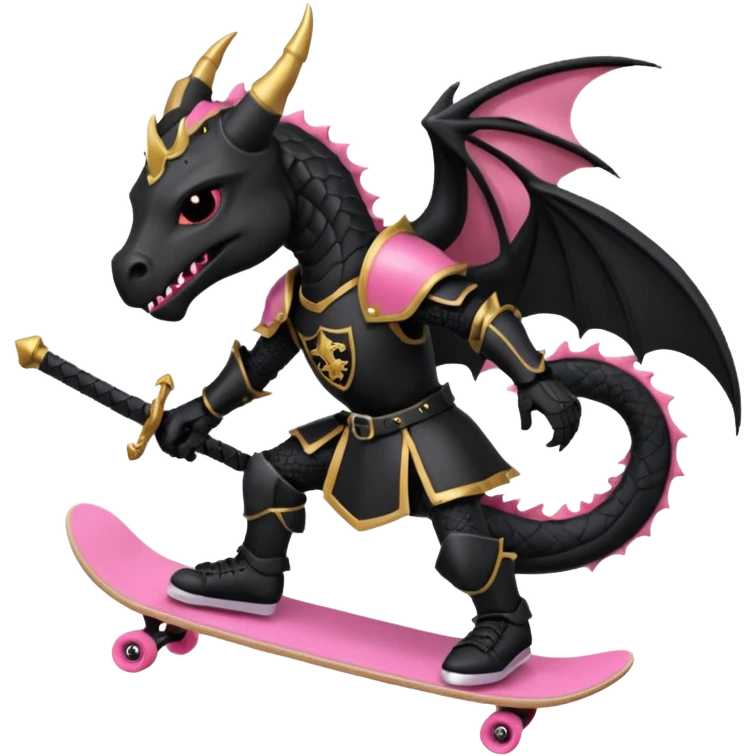 zwarte ridder met een zwarte zwaart en een zwarte schild met een zwarte draak op en hij skate met een roze skatebord emoji