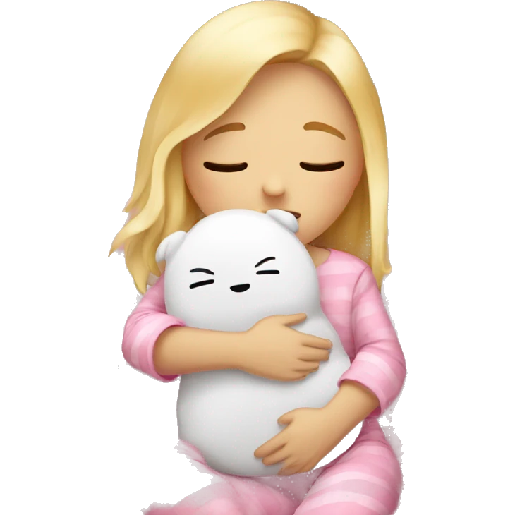 blonde girl wearing a pink pjs being very sleepy and hugging a pillow emoji