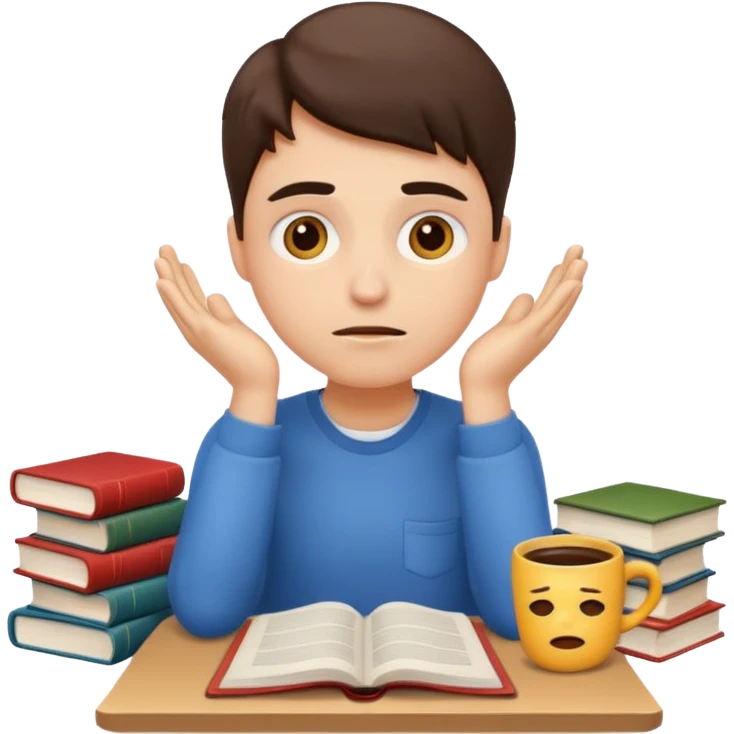 emoji student stressed with books and coffee, exam, tired, white background emoji