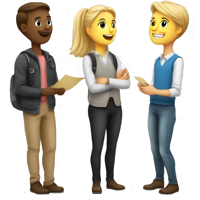 3 European students chatting at lesson emoji