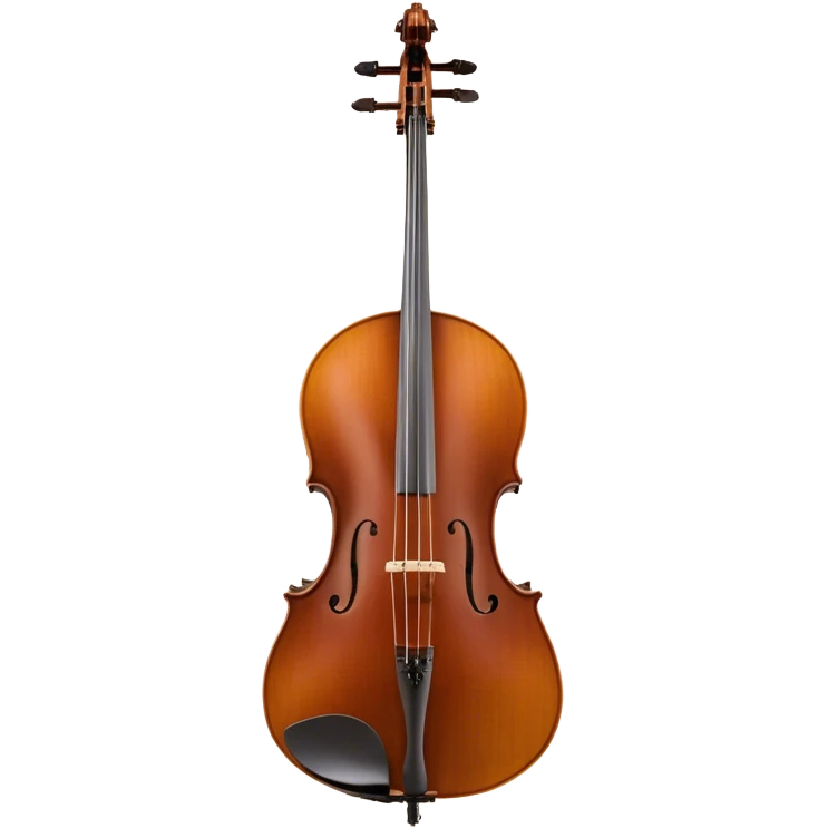 Create an elegant and refined emoji representing a Cremona 4/3F 4/4 cello with bow. The design should feature the distinctive, finely crafted body of the cello, highlighting its rich wooden finish and gracefully curved shape. The bow should be included, with visible horsehair and a polished wooden stick. Add subtle details like tuning pegs and strings to emphasize the precision and craftsmanship of the instrument. Use warm wood tones, deep brown, and soft metallic accents to reflect the high quality of the Cremona cello. The background should be transparent. emoji