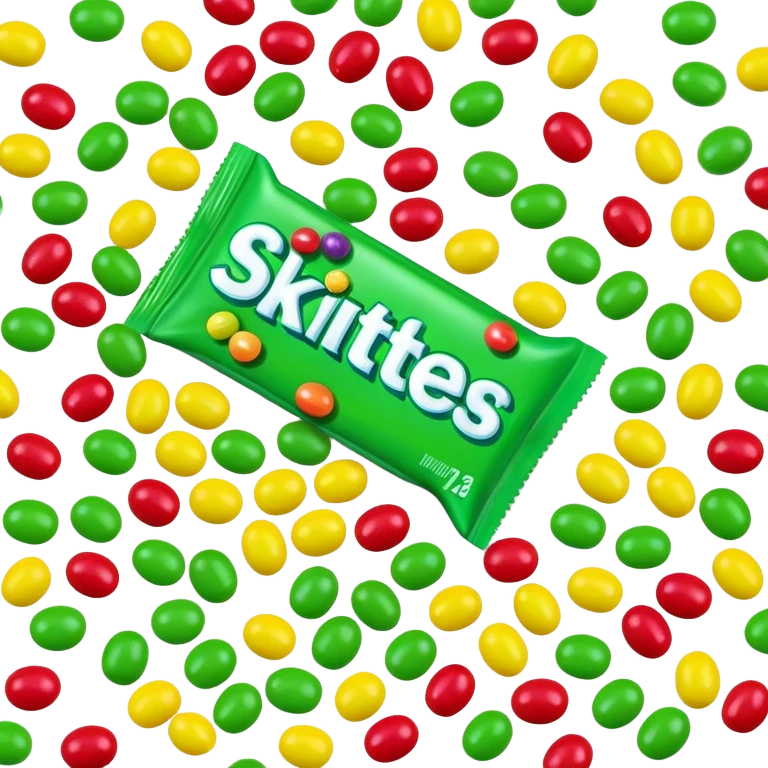A pile of green Skittles candies next to a colorful Skittles package. Simple minimalist design. emoji