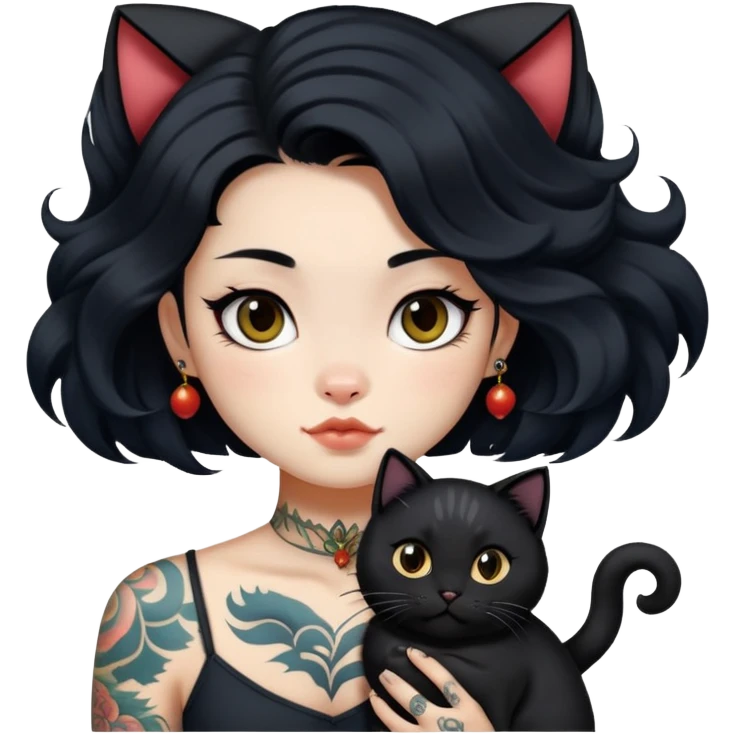 a Chinese girl with long black  Big Wave hair and tattoos and a black round faced cat  emoji