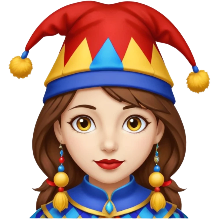 a girl with brown hair a blue and red jester hat with yellow pom pom's at the tip of the jester hat her eyes a patren of red and blue  emoji