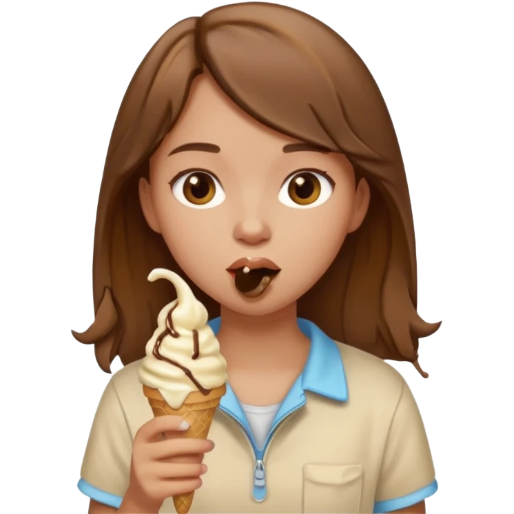 Un fille  brune au vêtement  beige qui mange une glace emoji