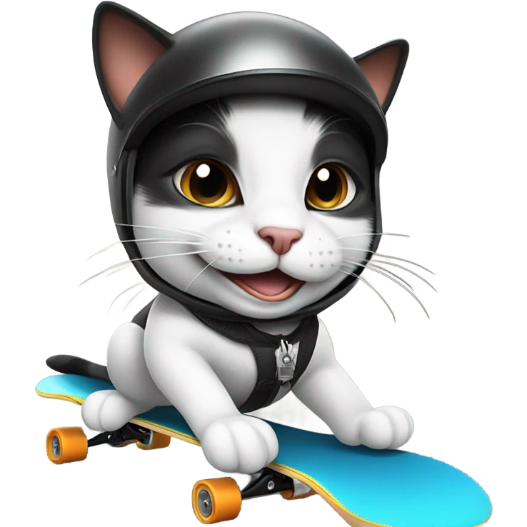 Grinning Black and white cat skateboarding with tiny crash helmet  emoji