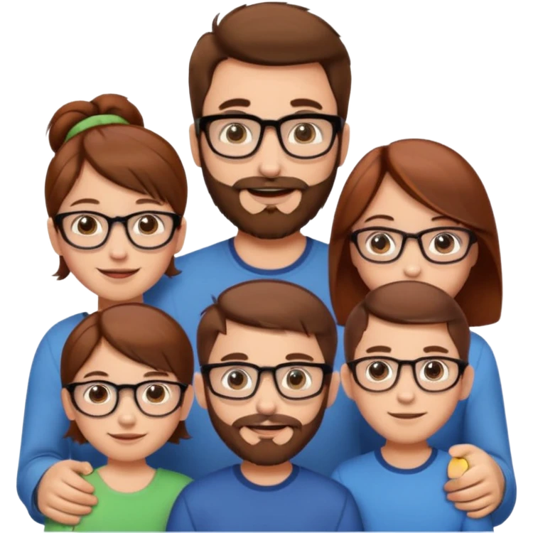 cheerful white European family, man with brown hair and beard, woman with brown hair in bun and glasses, 10-year-old boy with short brown hair, 8-year-old girl with long brown hair, 6-year-old boy with short red hair, emoji style emoji