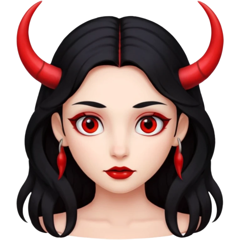 A girl's face with cheekbones, completely red skin, long black hair, small red horns, and red eyes. emoji