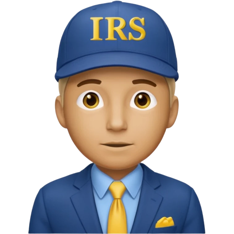 a man dressed in a blue suit with a cap on that says IRS in yellow letters emoji
