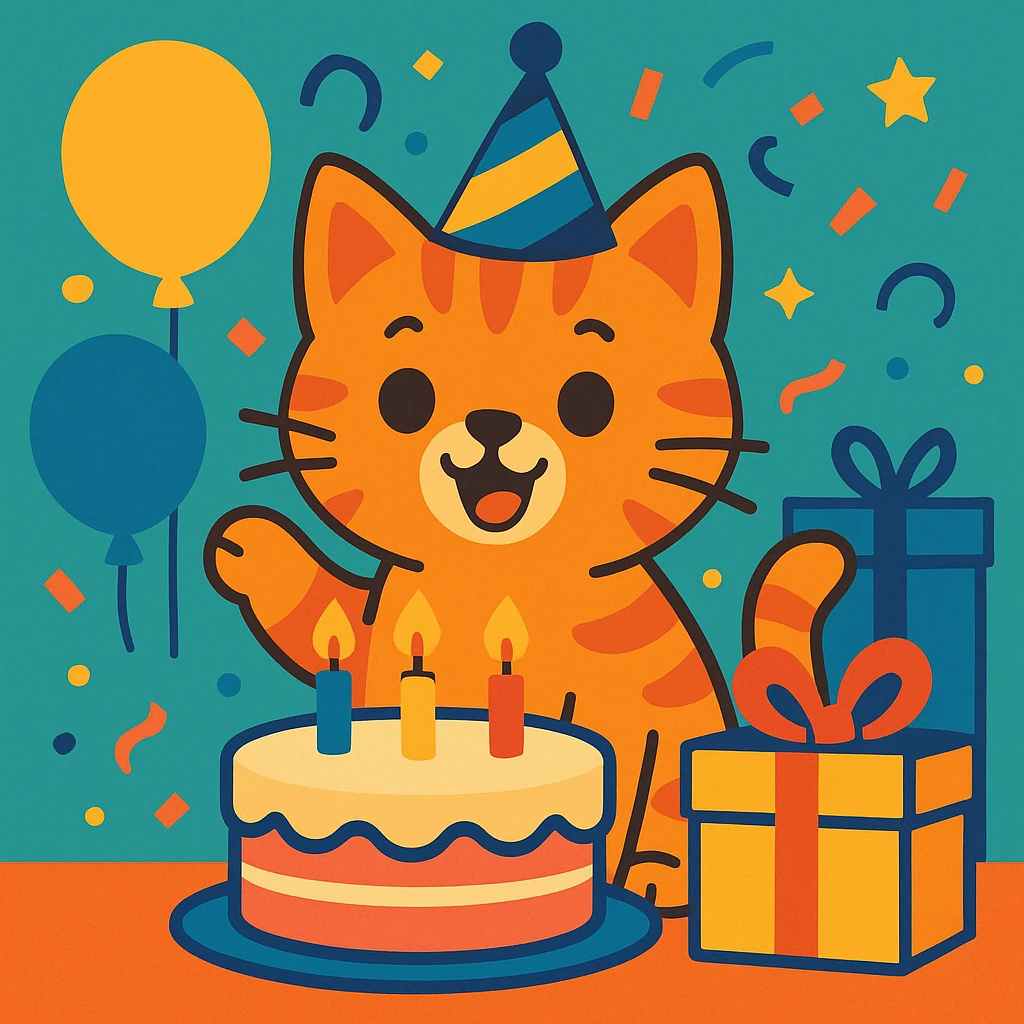 a ginger tabby kitten celebrating its birthday, wearing a birthday hat, surrounded by a birthday cake, balloons, gifts, and looking happy emoji