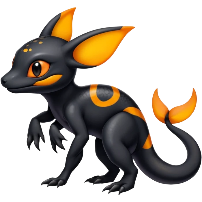 A black Salandit-Umbreon-newt-hybrid-Fakémon-creature with orange belly emoji