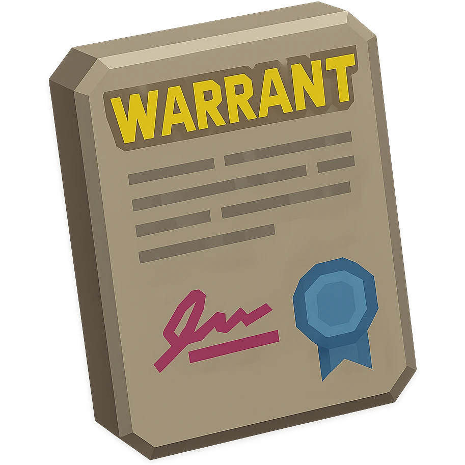 Create a realistic 3D icon of an arrest warrant document with 'WARRANT' in large letters at the top, body text, signature and official stamp at the bottom. The icon should be more 3D and icon style, bright lighting, with a transparent background. Exclude any gavel or handcuffs. emoji
