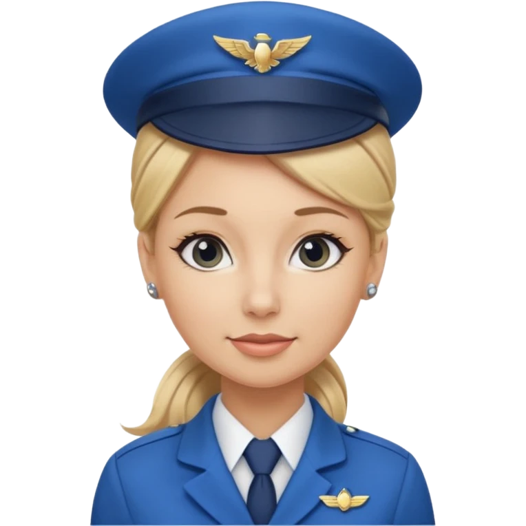 Create an emoji of a female flight attendant with blonde hair tied up, wearing a blue flight attendant hat and a blue flight attendant uniform. emoji
