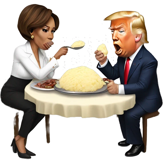 donald trump eating mashed potato’s with kamala harris who is eating a big beef steak. both of them are eating together.  emoji
