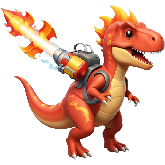 rocket-propelled dinosaur character, cute T-rex, rocket pack on its back, flames and smoke trail, dynamic flying pose, 3D cartoon, mobile game icon style, clean background, no text, no watermark
 emoji