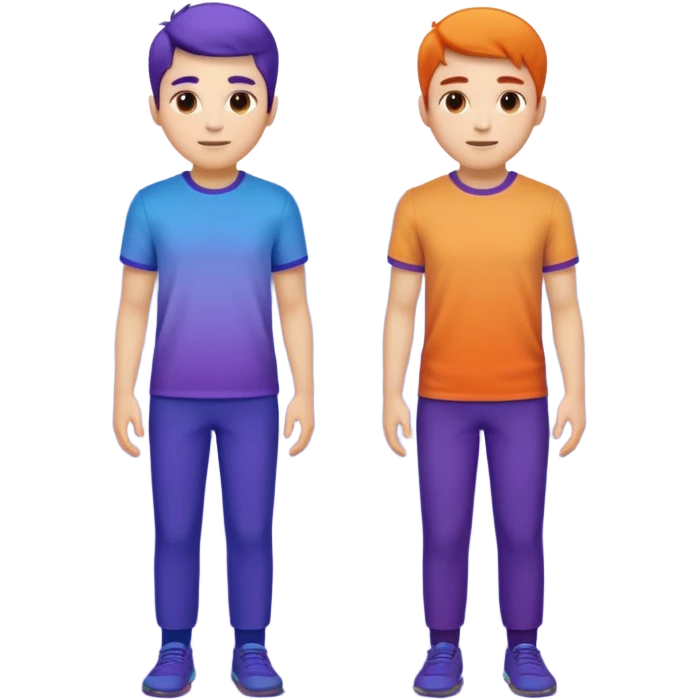 Keep the two male characters realistic, no simplification. Recolor their clothes into the gradient palette (blue, violet, orange), matching the style of the travel emoji pack. White or transparent background. emoji