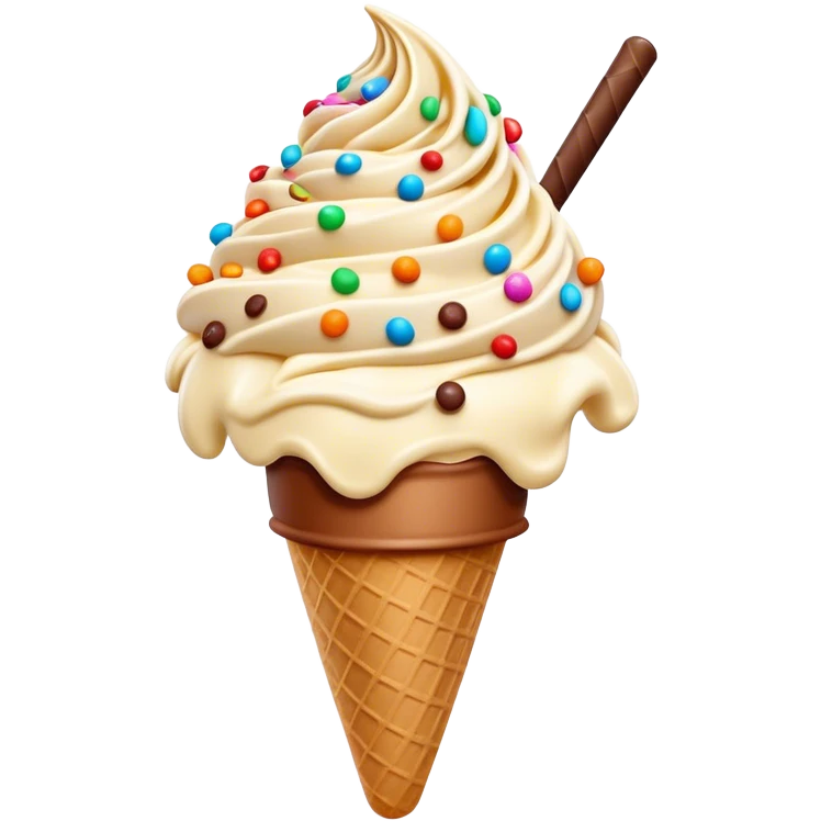 Cinematic scoop of rich, creamy ice cream, slightly melting, smooth swirls of chocolate and vanilla, colorful sprinkles on top, warm glowing background, playful and inviting. emoji