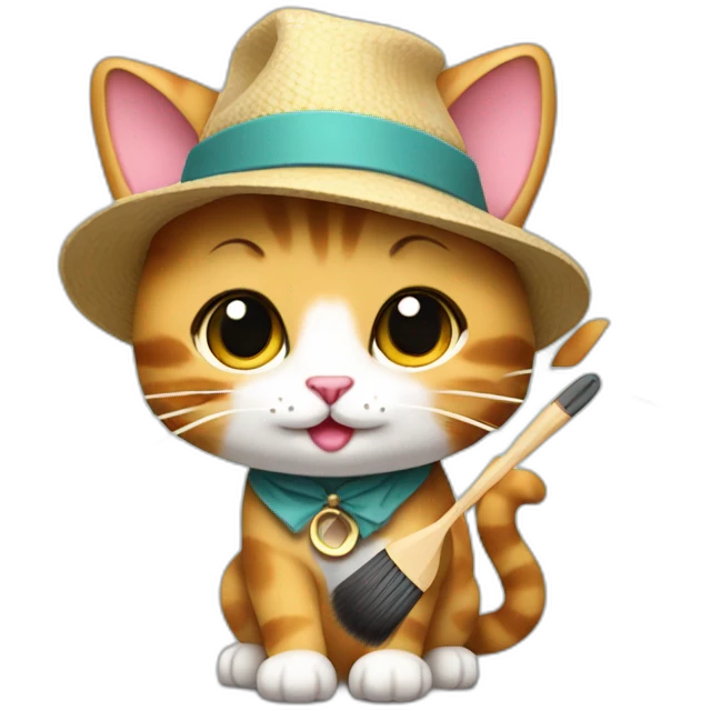 Kawaii cat artist in hat with a brush so it can be used as a mouse cursor emoji