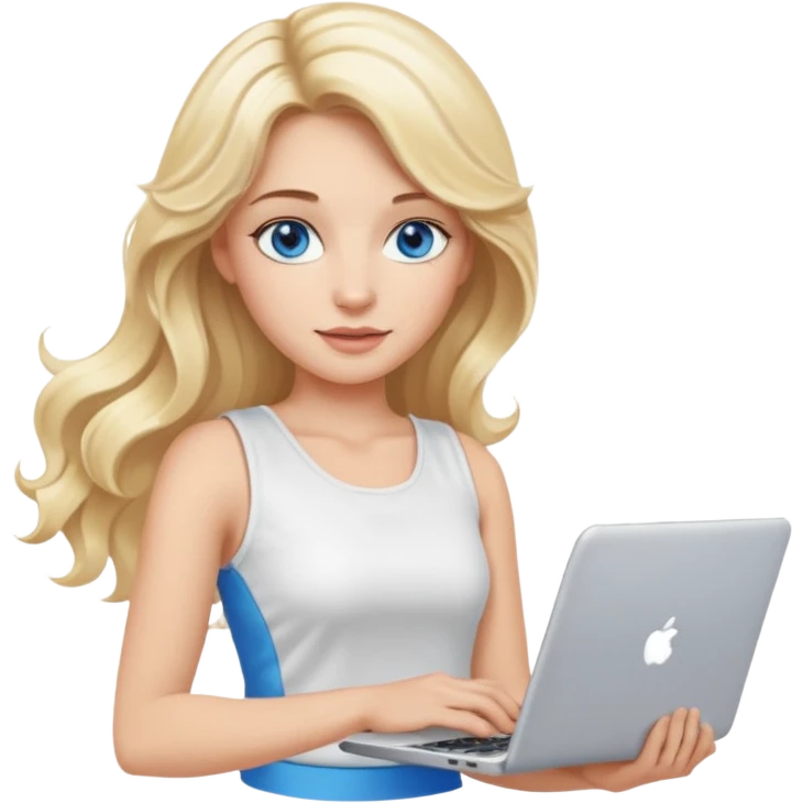 3D Apple-style emoji of a blonde woman whits long wavy hair, with bright blue eyes,
wearing a white sleeveless top,
holding a silver laptop,
clean white background, smooth rounded design
 emoji