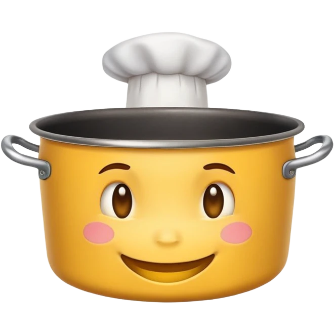 classic yellow circle Emoji face but only a smile can be seen on the face as there is a large cooking pot covering the top of the head. emoji