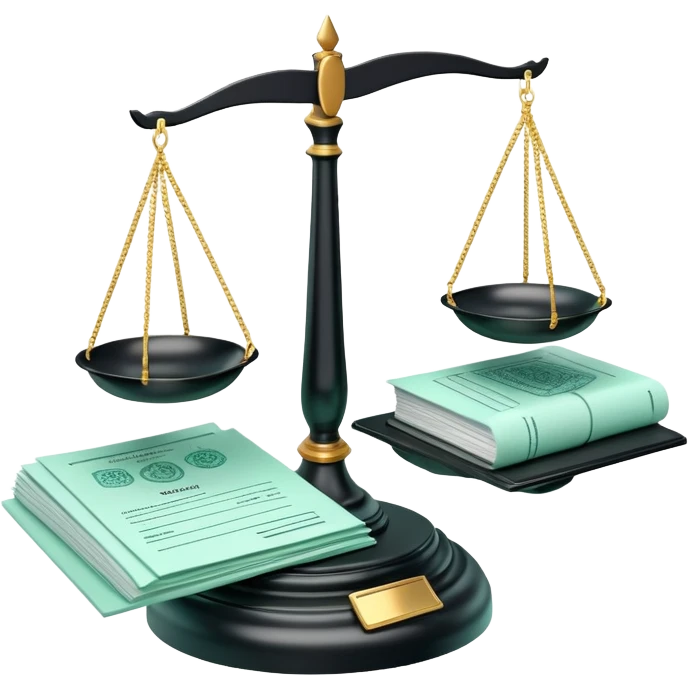 Responsabilité Administrative (Administrative Responsibility), 3D techy icon with black and mint green (#B5F4D3) color scheme, scales of justice with official documents emoji
