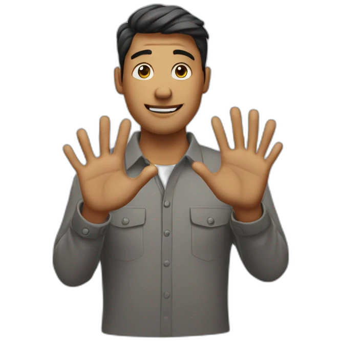 man with hands crossed in front of him. Hands in the air and 2 fingers on each hand sticking out emoji
