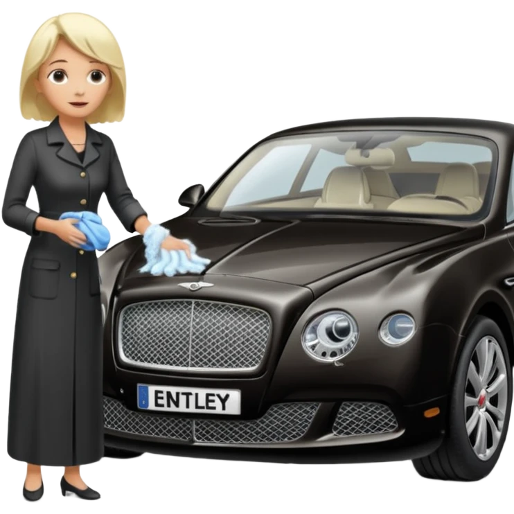 A old blond lady washing a black Bentley car. show the full car and the lady next to it. show the face smaller and the person standing beside it emoji