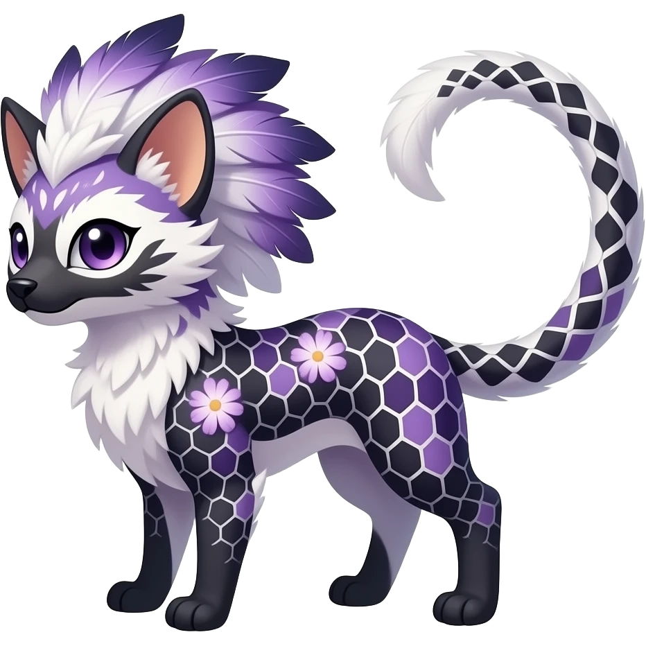 Floral-patterned honeycomb-patterned feather-maned elegant realistic Furry, feathery fluffy tropical flecked painted feathery scaly, Purple, white, black, Minccino-Bambino-Lykoi-Linoone-Zangoose-fusion-hybrid-animal-Fakémon-creature, full body, thin long sleek scaly tail, intricate markings emoji
