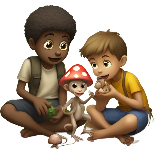 Two small humans on a date with a rat and a monkey testing for poisonous mushrooms  emoji