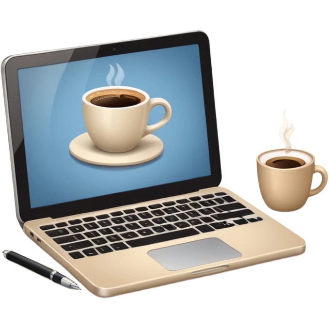Laptop on the beige table, coffee and notebook emoji